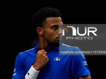 Arthur Fils of France reacts during the game against Roberto Bautista Agut during the 2024 Davis Cup Group B Stage match between France and...