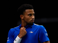 Arthur Fils of France reacts during the game against Roberto Bautista Agut during the 2024 Davis Cup Group B Stage match between France and...