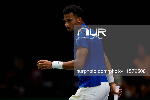 Arthur Fils of France looks on during the game against Roberto Bautista Agut during the 2024 Davis Cup Group B Stage match between France an...