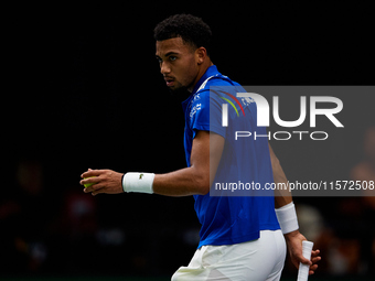 Arthur Fils of France looks on during the game against Roberto Bautista Agut during the 2024 Davis Cup Group B Stage match between France an...