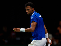 Arthur Fils of France looks on during the game against Roberto Bautista Agut during the 2024 Davis Cup Group B Stage match between France an...