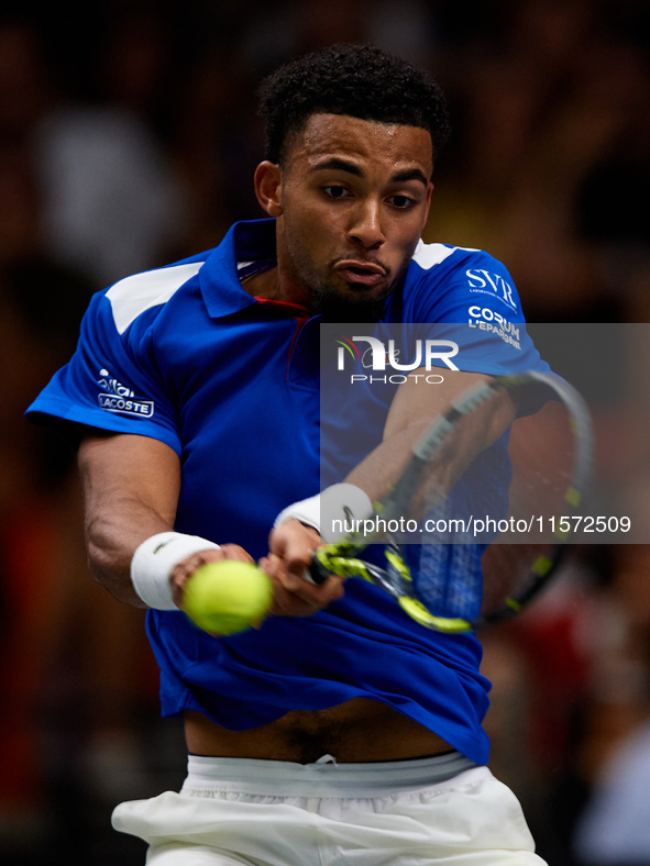 Arthur Fils of France plays against Roberto Bautista Agut during the 2024 Davis Cup Group B Stage match between France and Spain at Pabellon...