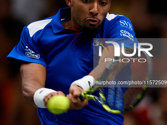 Arthur Fils of France plays against Roberto Bautista Agut during the 2024 Davis Cup Group B Stage match between France and Spain at Pabellon...