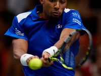 Arthur Fils of France plays against Roberto Bautista Agut during the 2024 Davis Cup Group B Stage match between France and Spain at Pabellon...