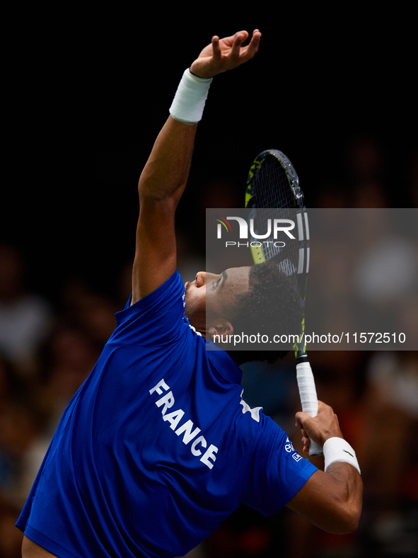 Arthur Fils of France serves during the game against Roberto Bautista Agut during the 2024 Davis Cup Group B Stage match between France and...