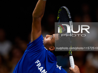 Arthur Fils of France serves during the game against Roberto Bautista Agut during the 2024 Davis Cup Group B Stage match between France and...