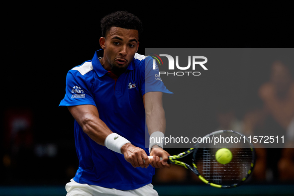 Arthur Fils of France plays against Roberto Bautista Agut during the 2024 Davis Cup Group B Stage match between France and Spain at Pabellon...