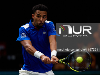 Arthur Fils of France plays against Roberto Bautista Agut during the 2024 Davis Cup Group B Stage match between France and Spain at Pabellon...