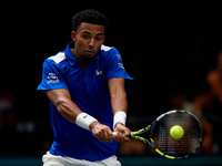 Arthur Fils of France plays against Roberto Bautista Agut during the 2024 Davis Cup Group B Stage match between France and Spain at Pabellon...