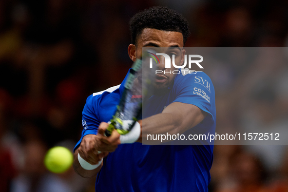 Arthur Fils of France plays against Roberto Bautista Agut during the 2024 Davis Cup Group B Stage match between France and Spain at Pabellon...