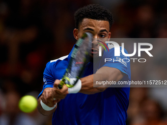 Arthur Fils of France plays against Roberto Bautista Agut during the 2024 Davis Cup Group B Stage match between France and Spain at Pabellon...