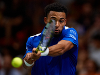 Arthur Fils of France plays against Roberto Bautista Agut during the 2024 Davis Cup Group B Stage match between France and Spain at Pabellon...