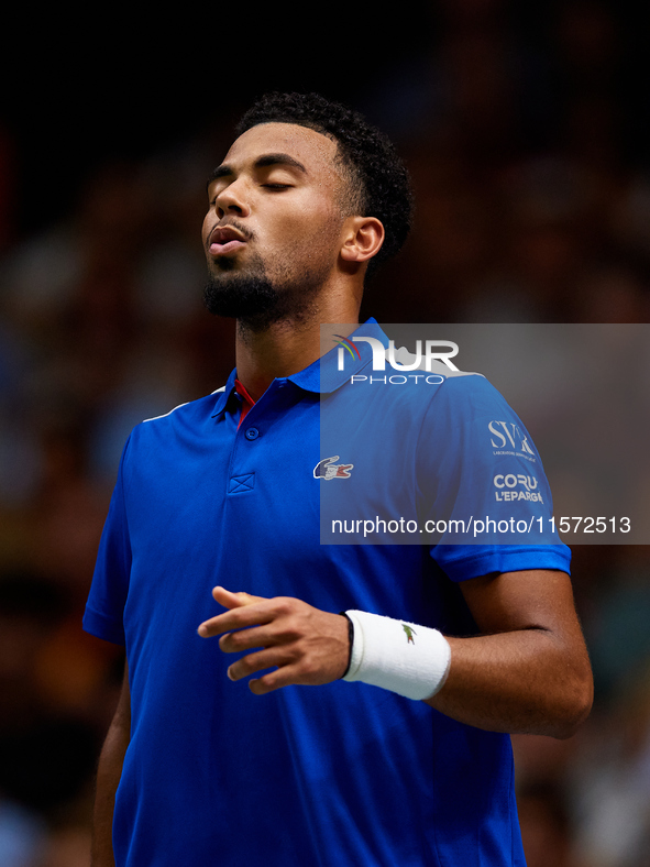 Arthur Fils of France reacts during the game against Roberto Bautista Agut during the 2024 Davis Cup Group B Stage match between France and...