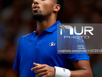 Arthur Fils of France reacts during the game against Roberto Bautista Agut during the 2024 Davis Cup Group B Stage match between France and...