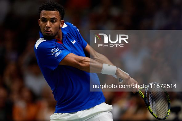 Arthur Fils of France plays against Roberto Bautista Agut during the 2024 Davis Cup Group B Stage match between France and Spain at Pabellon...