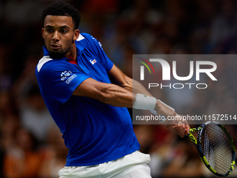 Arthur Fils of France plays against Roberto Bautista Agut during the 2024 Davis Cup Group B Stage match between France and Spain at Pabellon...