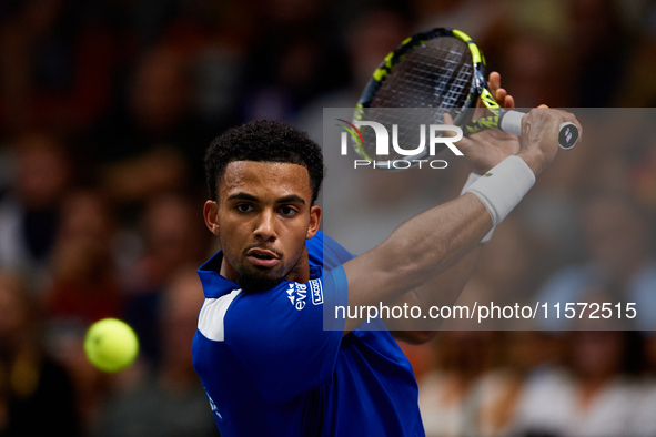 Arthur Fils of France plays against Roberto Bautista Agut during the 2024 Davis Cup Group B Stage match between France and Spain at Pabellon...