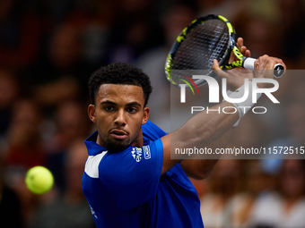 Arthur Fils of France plays against Roberto Bautista Agut during the 2024 Davis Cup Group B Stage match between France and Spain at Pabellon...