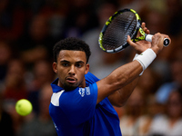 Arthur Fils of France plays against Roberto Bautista Agut during the 2024 Davis Cup Group B Stage match between France and Spain at Pabellon...