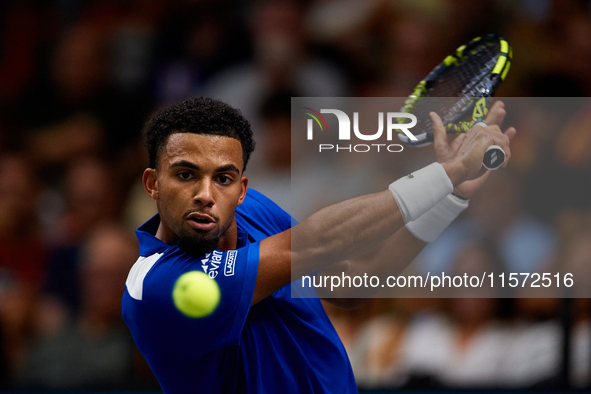 Arthur Fils of France plays against Roberto Bautista Agut during the 2024 Davis Cup Group B Stage match between France and Spain at Pabellon...