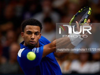 Arthur Fils of France plays against Roberto Bautista Agut during the 2024 Davis Cup Group B Stage match between France and Spain at Pabellon...