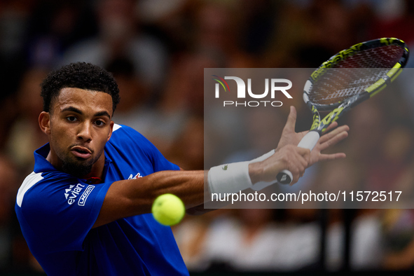 Arthur Fils of France plays against Roberto Bautista Agut during the 2024 Davis Cup Group B Stage match between France and Spain at Pabellon...