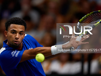 Arthur Fils of France plays against Roberto Bautista Agut during the 2024 Davis Cup Group B Stage match between France and Spain at Pabellon...