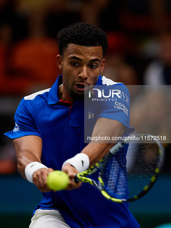 Arthur Fils of France plays against Roberto Bautista Agut during the 2024 Davis Cup Group B Stage match between France and Spain at Pabellon...