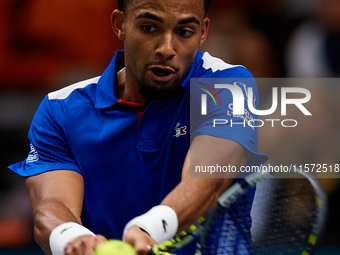 Arthur Fils of France plays against Roberto Bautista Agut during the 2024 Davis Cup Group B Stage match between France and Spain at Pabellon...