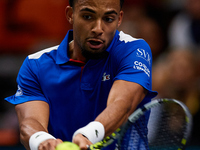 Arthur Fils of France plays against Roberto Bautista Agut during the 2024 Davis Cup Group B Stage match between France and Spain at Pabellon...