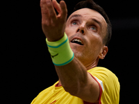 Roberto Bautista Agut of Spain serves during the game against Arthur Fils of France during the 2024 Davis Cup Group B Stage match between Fr...