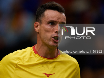 Roberto Bautista Agut of Spain reacts during the game against Arthur Fils of France during the 2024 Davis Cup Group B Stage match between Fr...