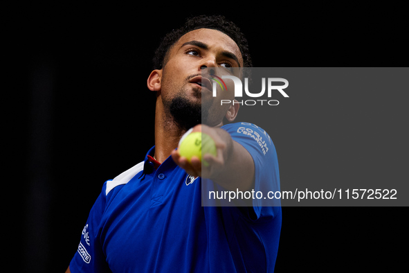 Arthur Fils of France serves during the game against Roberto Bautista Agut during the 2024 Davis Cup Group B Stage match between France and...