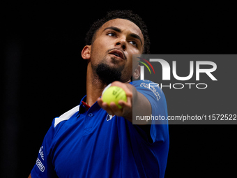 Arthur Fils of France serves during the game against Roberto Bautista Agut during the 2024 Davis Cup Group B Stage match between France and...