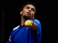 Arthur Fils of France serves during the game against Roberto Bautista Agut during the 2024 Davis Cup Group B Stage match between France and...