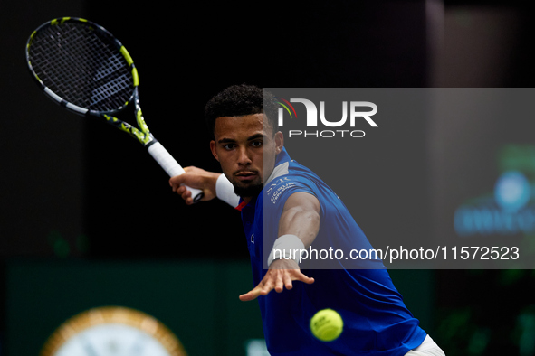 Arthur Fils of France plays against Roberto Bautista Agut during the 2024 Davis Cup Group B Stage match between France and Spain at Pabellon...