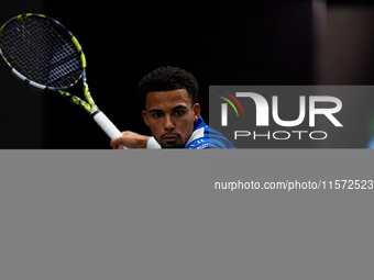 Arthur Fils of France plays against Roberto Bautista Agut during the 2024 Davis Cup Group B Stage match between France and Spain at Pabellon...