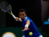 Arthur Fils of France plays against Roberto Bautista Agut during the 2024 Davis Cup Group B Stage match between France and Spain at Pabellon...