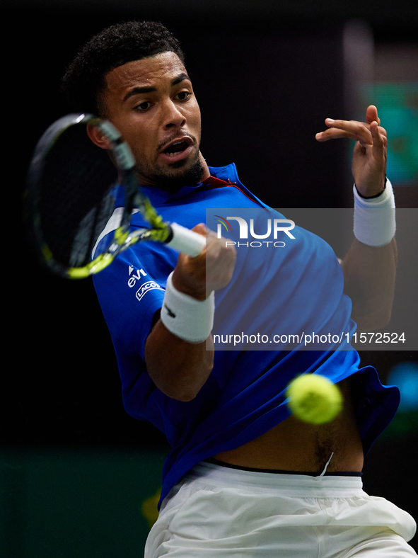 Arthur Fils of France plays against Roberto Bautista Agut during the 2024 Davis Cup Group B Stage match between France and Spain at Pabellon...