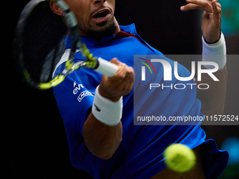 Arthur Fils of France plays against Roberto Bautista Agut during the 2024 Davis Cup Group B Stage match between France and Spain at Pabellon...