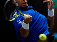 Arthur Fils of France plays against Roberto Bautista Agut during the 2024 Davis Cup Group B Stage match between France and Spain at Pabellon...