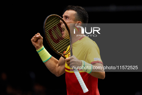 Roberto Bautista Agut of Spain celebrates a point during the game against Arthur Fils of France during the 2024 Davis Cup Group B Stage matc...