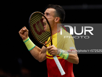 Roberto Bautista Agut of Spain celebrates a point during the game against Arthur Fils of France during the 2024 Davis Cup Group B Stage matc...