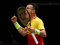 Roberto Bautista Agut of Spain celebrates a point during the game against Arthur Fils of France during the 2024 Davis Cup Group B Stage matc...