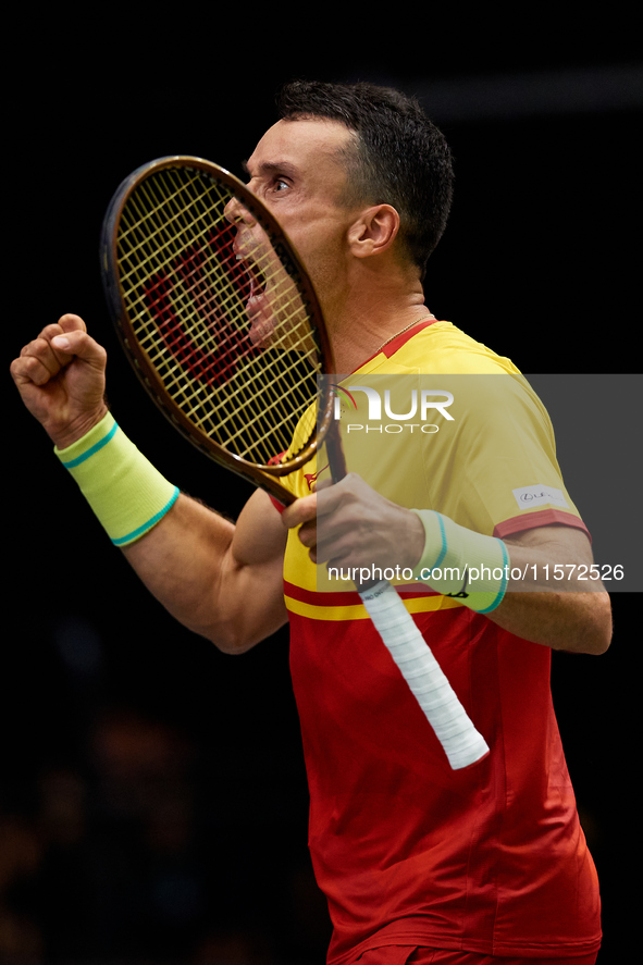 Roberto Bautista Agut of Spain celebrates a point during the game against Arthur Fils of France during the 2024 Davis Cup Group B Stage matc...