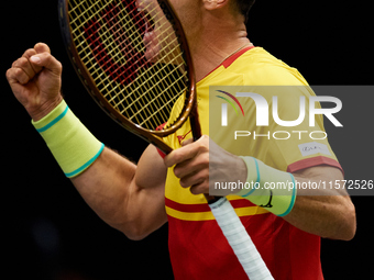 Roberto Bautista Agut of Spain celebrates a point during the game against Arthur Fils of France during the 2024 Davis Cup Group B Stage matc...