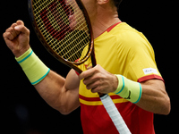 Roberto Bautista Agut of Spain celebrates a point during the game against Arthur Fils of France during the 2024 Davis Cup Group B Stage matc...