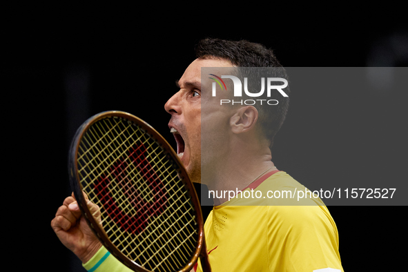 Roberto Bautista Agut of Spain celebrates a point during the game against Arthur Fils of France during the 2024 Davis Cup Group B Stage matc...