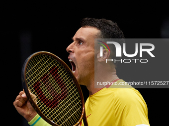 Roberto Bautista Agut of Spain celebrates a point during the game against Arthur Fils of France during the 2024 Davis Cup Group B Stage matc...