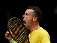 Roberto Bautista Agut of Spain celebrates a point during the game against Arthur Fils of France during the 2024 Davis Cup Group B Stage matc...